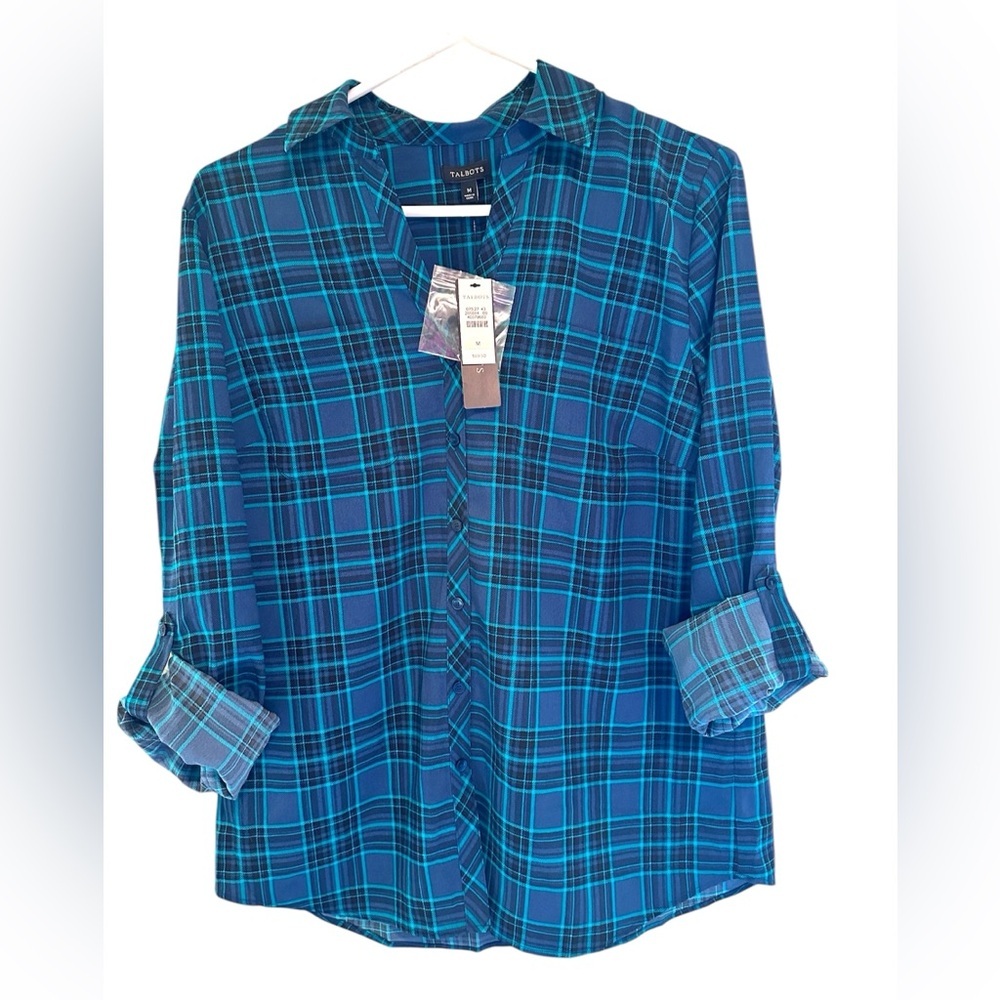 Talbots Blue Plaid Button-Up Lightweight Polyester Top (NOT flannel) Sz M